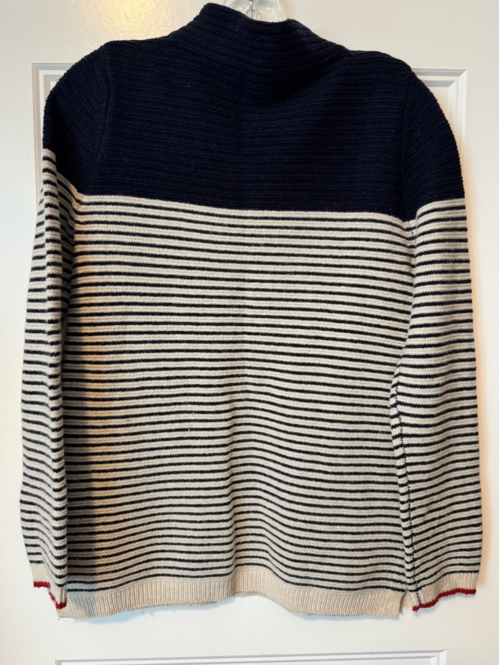 Tabitha Webb Lambswool Striped Mock Neck Sweater Size S Navy Ivory Red Trim